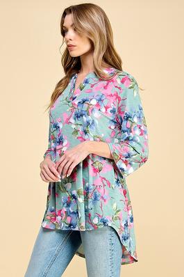 PLUS FLORAL STAND COLLAR LOOSE FIT TUNIC TOP