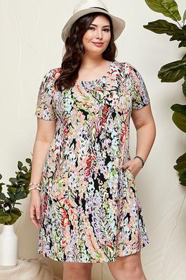 PLUS SIZE FLORAL SHORT SLEEVE DRESS WITH POCKETS