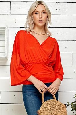 WOMEN SOLID WIDE BELL SLEEVES RUCHED WAIST TOP