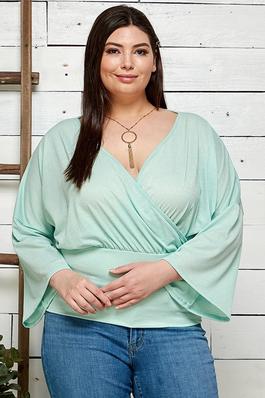 PLUS SIZE SOLID WIDE BELL SLEEVES RUCHED WAIST TOP