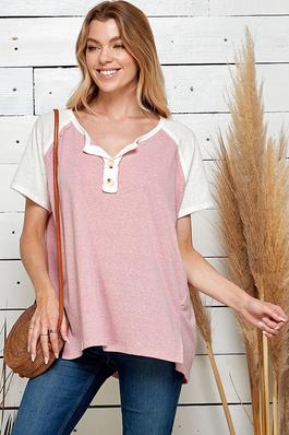 WOMEN SOLID SHORT SLEEVE SLIT CUT TOP WITH BUTTONS