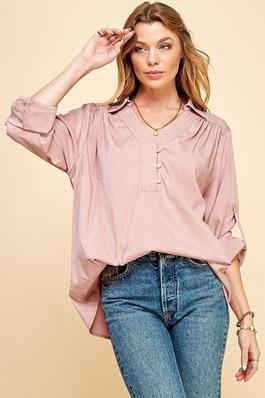 PLUS SIZE BUTTON UP COLLARED V NECK BOHO LOOSE TOP
