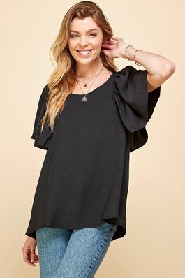 PLUS SOLID SHORT RUFFLE SLEEVE LOOSE FITTING TOP