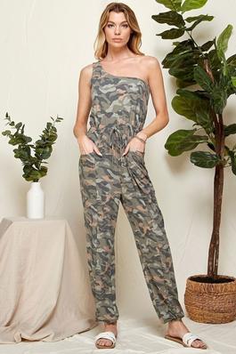 WOMEN CAMO ONE SHOULDER JUMPSUIT WITH POCKETS