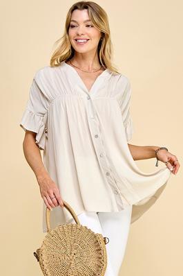 PLUS SIZE BUTTON DOWN LOOSE FIT RUFFLE CASUAL TOP