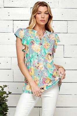 PLUS SIZE FLORAL HENLEY TOP WITH RUFFLE SLEEVE