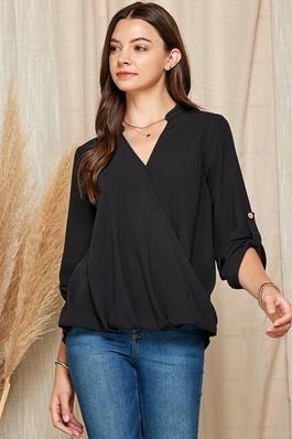 WOMEN SOLID WRAP CROSSOVER BLOUSE