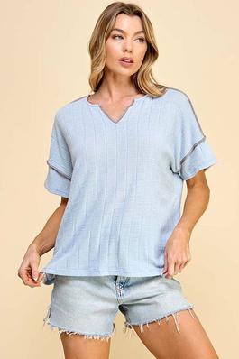 WOMEN V NECK CONTRAST OUT STITCHING TOP