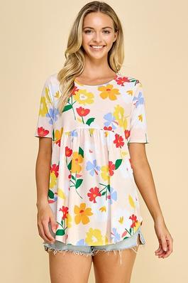 PLUS FLORAL ROUND NECK SHORT SLEEVE BABYDOLL TOP