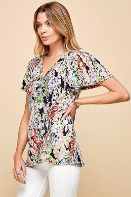 WOMEN FLORAL PRINT SHORT SLEEVE TOP WITH BUTTONS