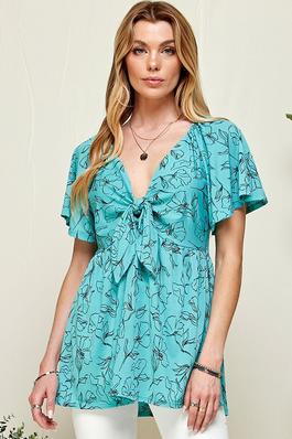 WOMEN FLORAL V NECK BABYDOLL TOP WITH FRONT TIE