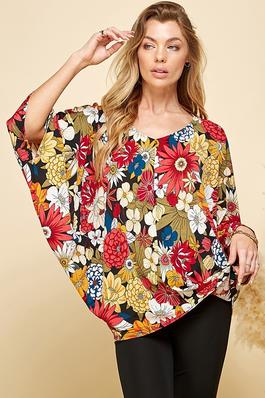 PLUS SIZE FLORAL PRINT ALL OVER LOOSE DOLMAN TOP