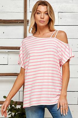 PLUS SIZE STRIPED ONE SHOULDER TOP WITH STRANDS