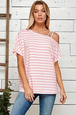PLUS SIZE STRIPED ONE SHOULDER TOP WITH STRANDS