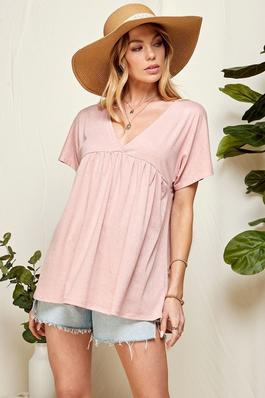 WOMEN SOLID SOFT V NECK BABY DOLL BLOUSE