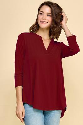 WOMEN V-NECK 3/4 SLEEVE SOLID TUNIC TOP