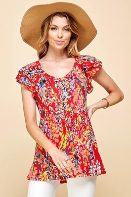 WOMEN FLORAL V NECK SHORT SLEEVE DOUBLE RUFFLE TOP