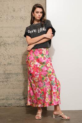 Silky Satin Floral Print Slit Midi Zip Up Skirt