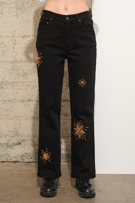Mid Rise Sequin Star Beaded Embellished Stretch Denim Jeans