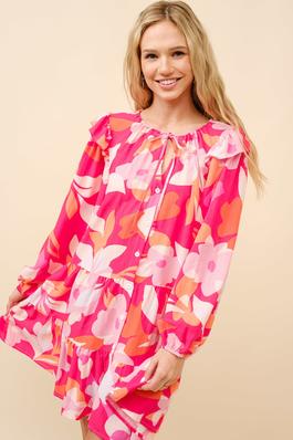 Floral Long Sleeve Ruffle at Shoulder Swing Mini Dress