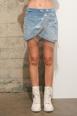 Distress Washed Wrap Rhinestone Fringe Elastic Back Denim Mini Skirt