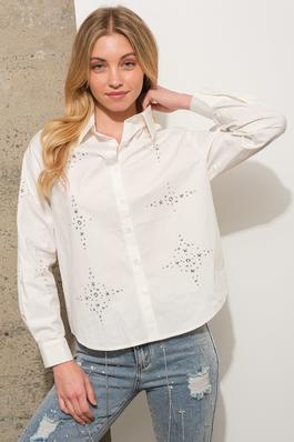 Cotton Poplin Jewel Embellished Stud Button Up Shirt Blouse