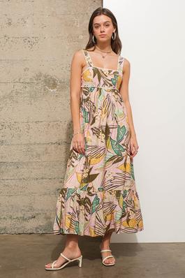 Embroidered Edge Cut Out Side Tie Back Tropical Maxi Dress