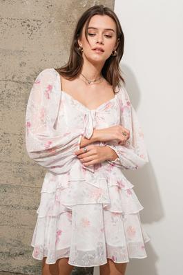 Jacquard Floral Sheer Print Ruffle Tie Tiered Mini Dress