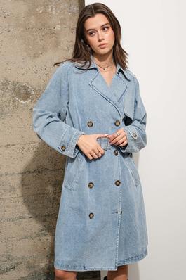 Double Breasted Belted Long Denim Trench Coat