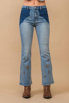 Western Inspired Mid Rise Contrast Yoke Wash Star Glitter Embellished Fitted Stretch Denim Jeans