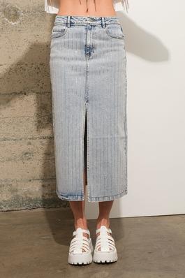 Garment Washed Rhinestone Studded Stripe Mid Rise Slit Front Midi Denim Skirt