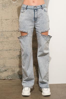 Garment Washed Side Low Slung Cut out Studded Edge Rhinestone String Stretch Denim Jeans