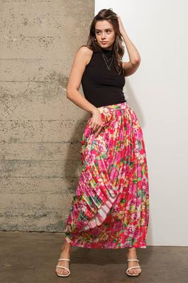 Satin Floral Pleated Press Mid Rise Maxi Skirt