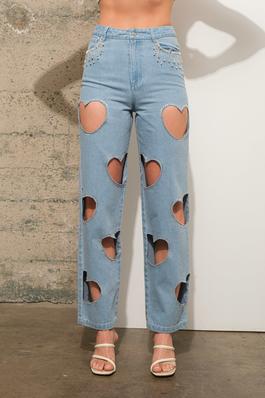 Garment Washed Mid Rise Heart Cut Out Studded Edge Rhinestone Fringe Pocket Line Detail Denim Jeans