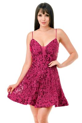 SEQUIN PLUNGING V-NECK FIT AND FLARE MINI DRESS