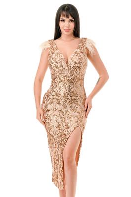 FEATHER STRAPS SEQUIN EMBELLISHED MIDI DRESS