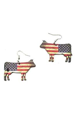 COW AMERICAN FLAG WOOD EARRINGS