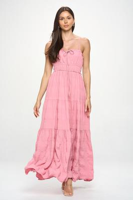Crinkle Textured Open Back Tied Ruffle Maxi Dress
