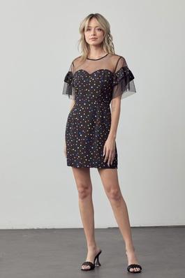 Polka Dot Print Mesh Contrast Mini Dress