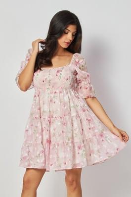 Floral Print Woven Organza Dress with Bubble Sleeves