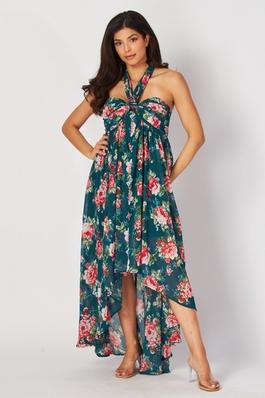 Woven Floral Print Halter Neck Long Maxi Dress