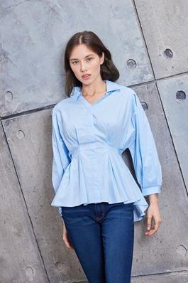 Solid Woven Button Down Peplum Blouse