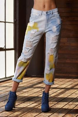 Distressed Paint Detail Jean with Roll Up Hem