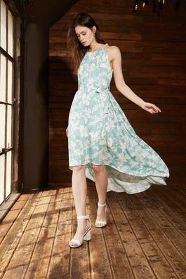 Floral Print Halter Maxi Dress with High Low Hem