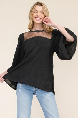 Relaxed Fit Knit Top with Mesh Bodice Detail