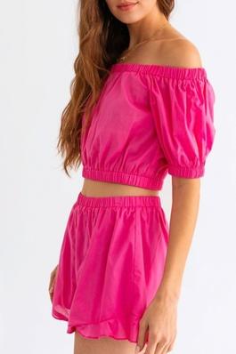Hot Pink Off Shoulder Crop Top Ruffle Shorts Set