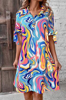 WOMEN S MARBLE PRINTED KNOTTED SLEEVE CUFF DRESS
