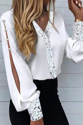 LACE PATCH BUTTONED SLIT LANTERN SLEEVE TOP