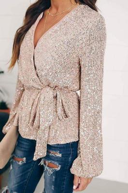 TIED DETAIL LANTERN SLEEVE ALLOVER SEQUINS TOP