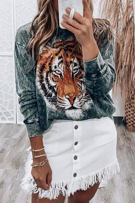 Tiger Print Oneck Long Sleeve Sweatshirt